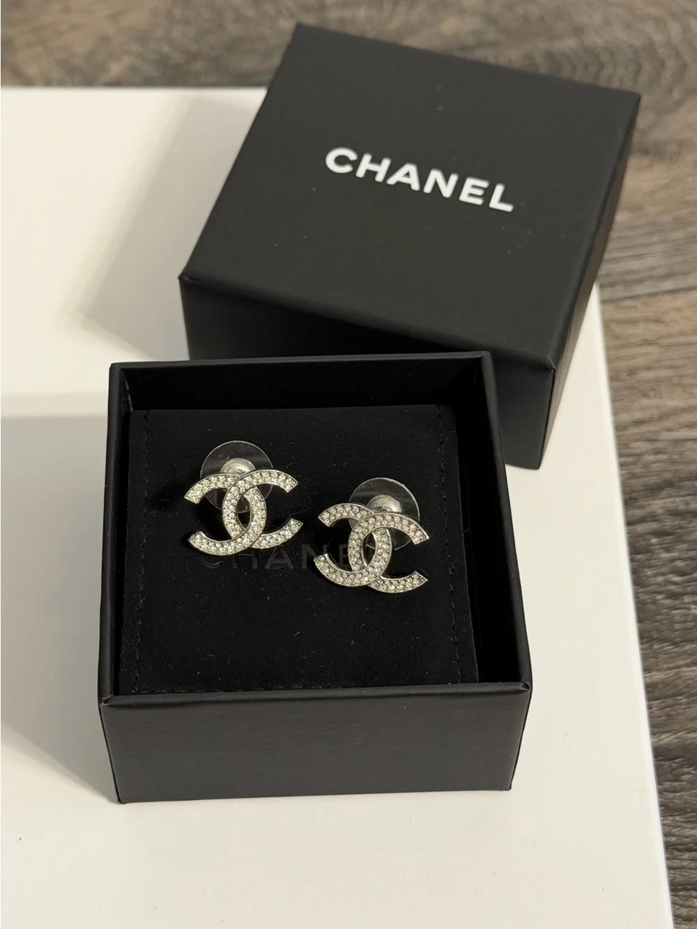 Chanel‎ CC Classic Silver Crystal Stud Earrings